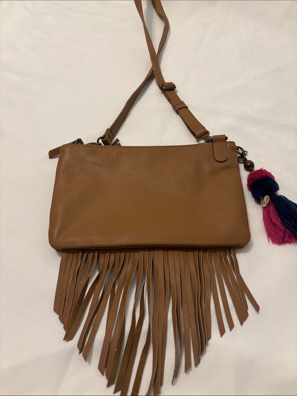 Lucky Brand Tan Leather Fringe Crossbody Bag divided bag charm boho indie casual